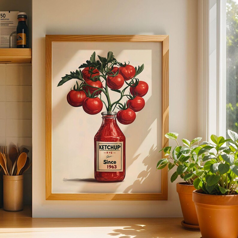Ketchup Tomato Poster Retro Kitchen Wall Art Vintage Ketchup Bottle with Tomatoes Red Kitchen Decor Funny Tomato Painting Wall Art Poster