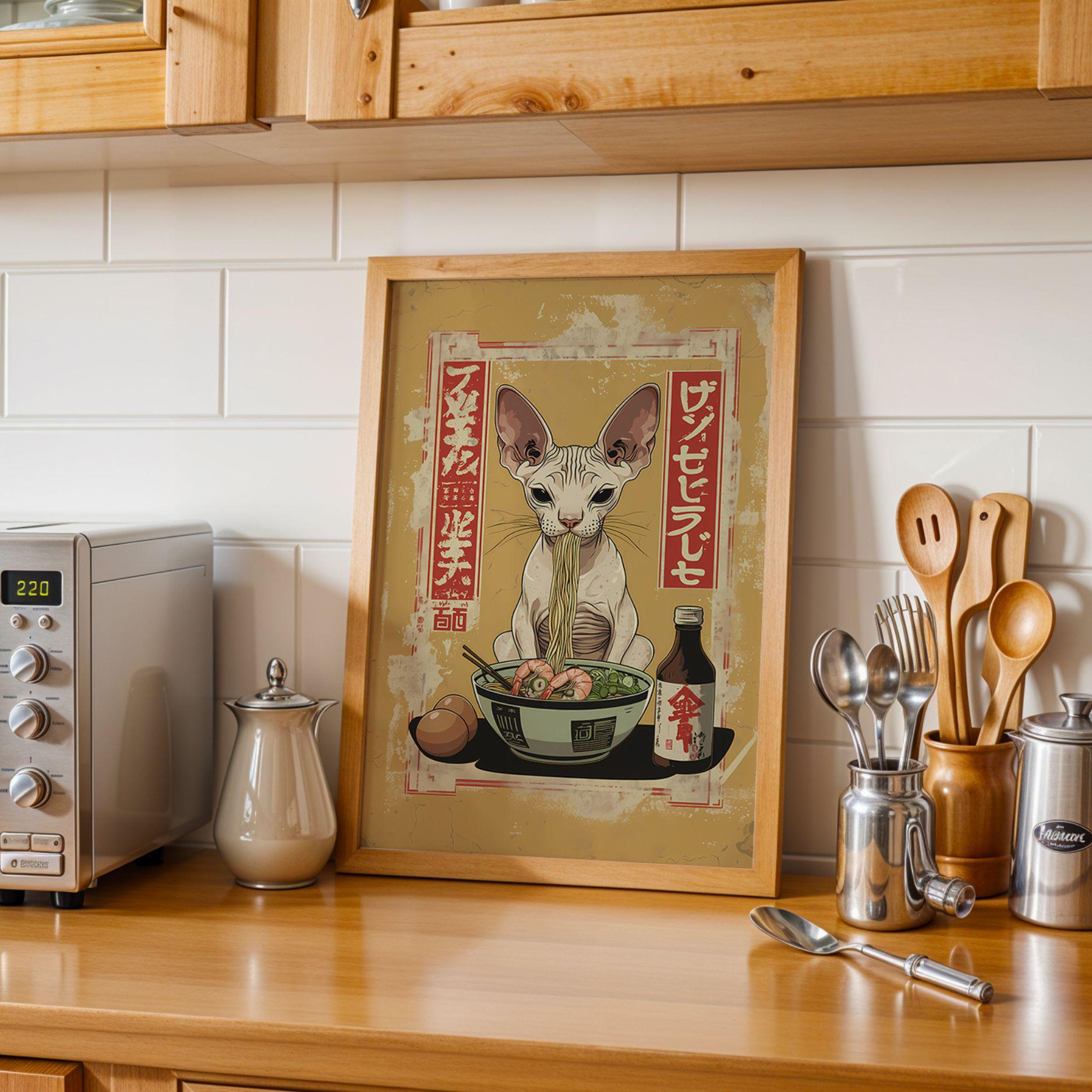 Sphynx Cat Ramen Poster Wall Art Japanese Noodle Art Retro Kitchen Wall ...
