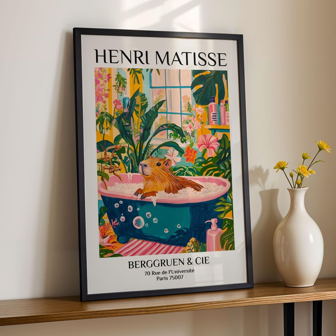 Capybara in Bathtub Print Tropical Pink Bathroom Wall Art Matisse ...