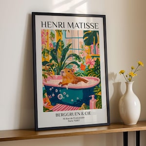 Capybara in Bathtub Print Tropical Pink Bathroom Wall Art Matisse Inspired Animal Poster Aesthetic Spa Decor for Home Wall Art