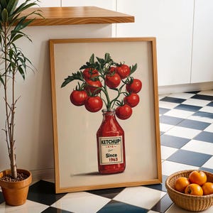 Ketchup Tomato Poster Retro Kitchen Wall Art Vintage Ketchup Bottle with Tomatoes Red Kitchen Decor Funny Tomato Painting Wall Art Poster
