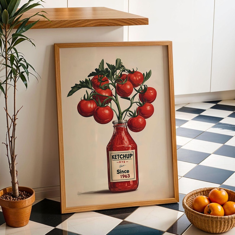 Ketchup Tomato Poster Retro Kitchen Wall Art Vintage Ketchup Bottle with Tomatoes Red Kitchen Decor Funny Tomato Painting Wall Art Poster