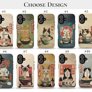 Vintage Ramen Cat Phone Case Japanese Food Art Retro Aesthetic iPhone 16 15 14 Pro Max Samsung S24 Pixel 9 MagSafe Tough Phone Cover