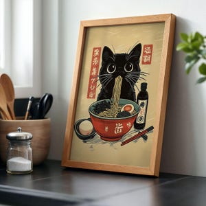 Vintage Ramen Black Cat Poster Retro Japanese Wall Art Cute Kitchen ...