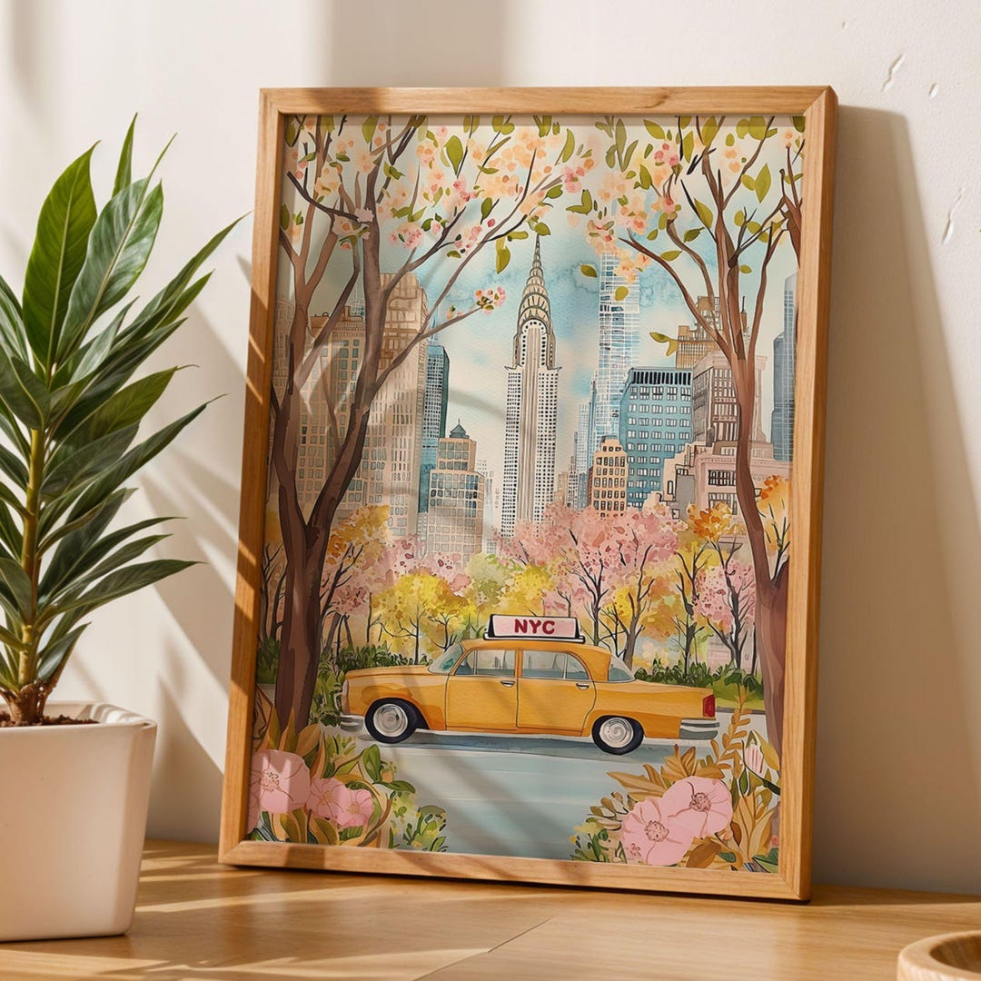 NYC Yellow Taxi in Bloom Print New York Wall Art Retro Cityscape Spring ...