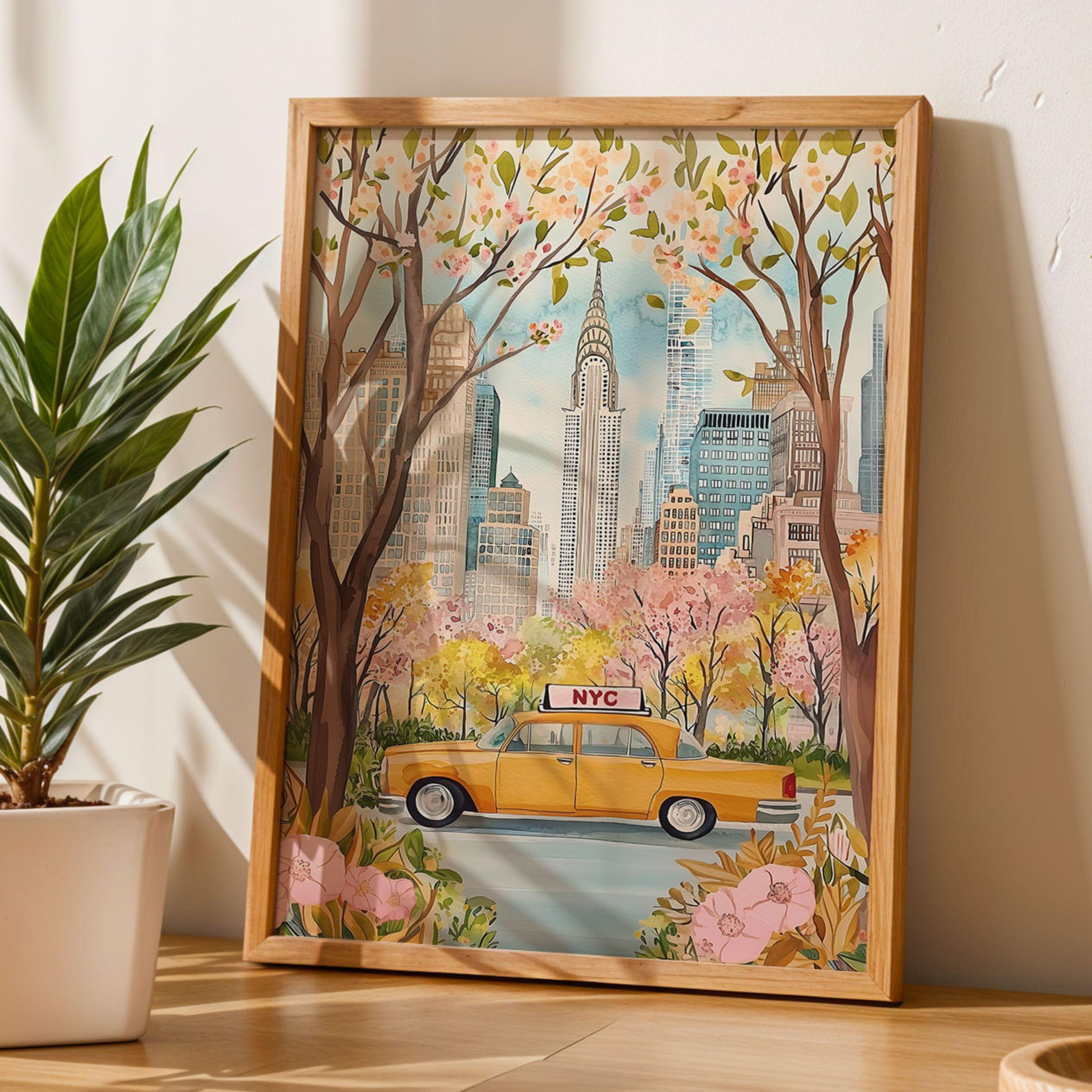 NYC Yellow Taxi in Bloom Print New York Wall Art Retro Cityscape Spring ...