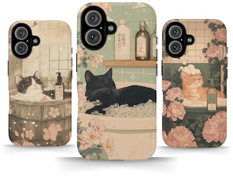 Relaxing Cat Bath Phone Case Vintage Aesthetic Japanese Spa iPhone 16 15 14 13 Pro Max Samsung S24 Pixel 9 MagSafe Tough Cover
