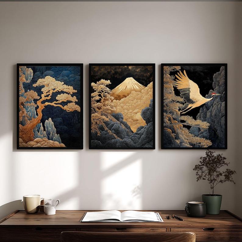 Japanese Gold Crane Wall Art Set of 3 Japandi Poster Wabi Sabi Mountain ...