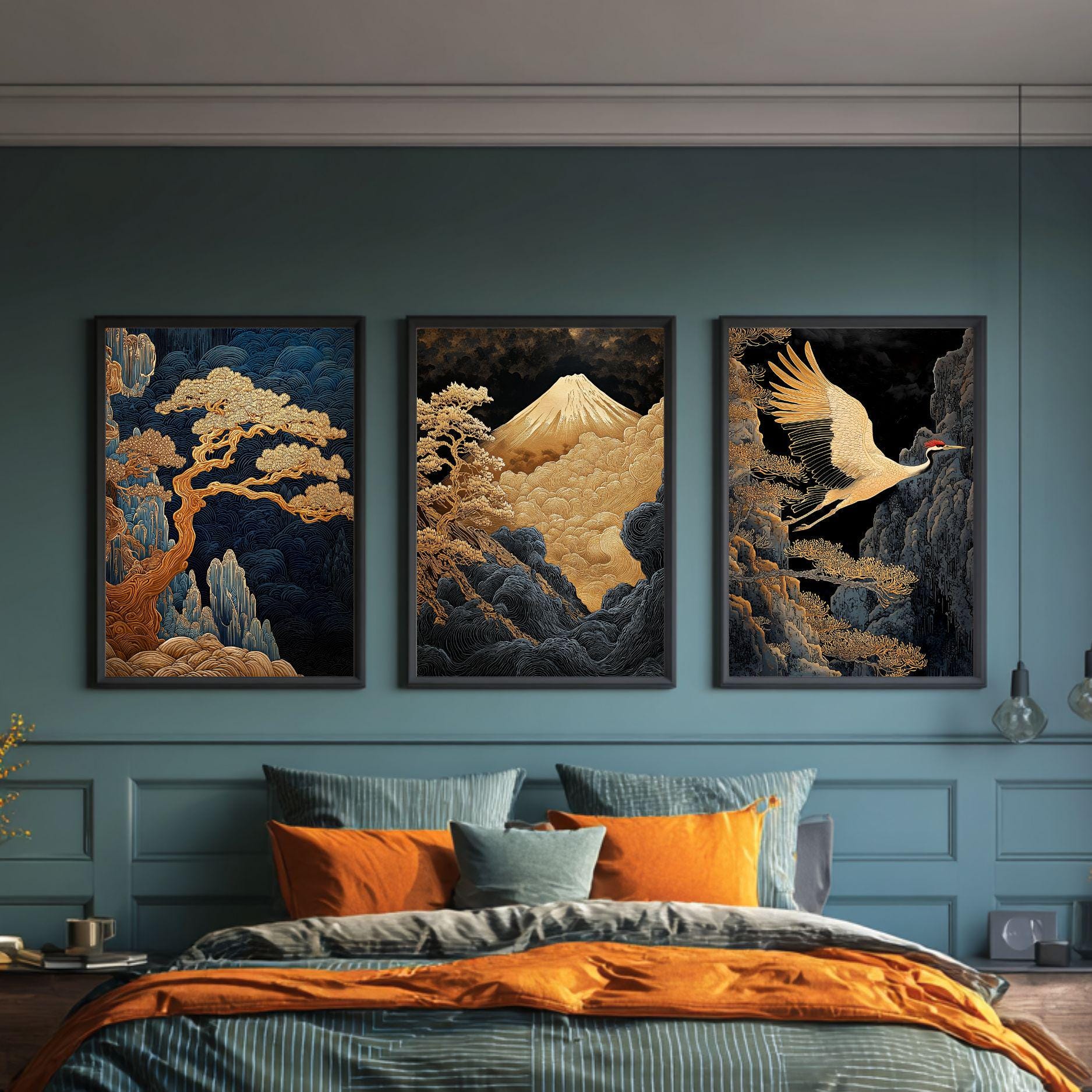 Japanese Gold Crane Wall Art Set of 3 Japandi Poster Wabi Sabi Mountain ...