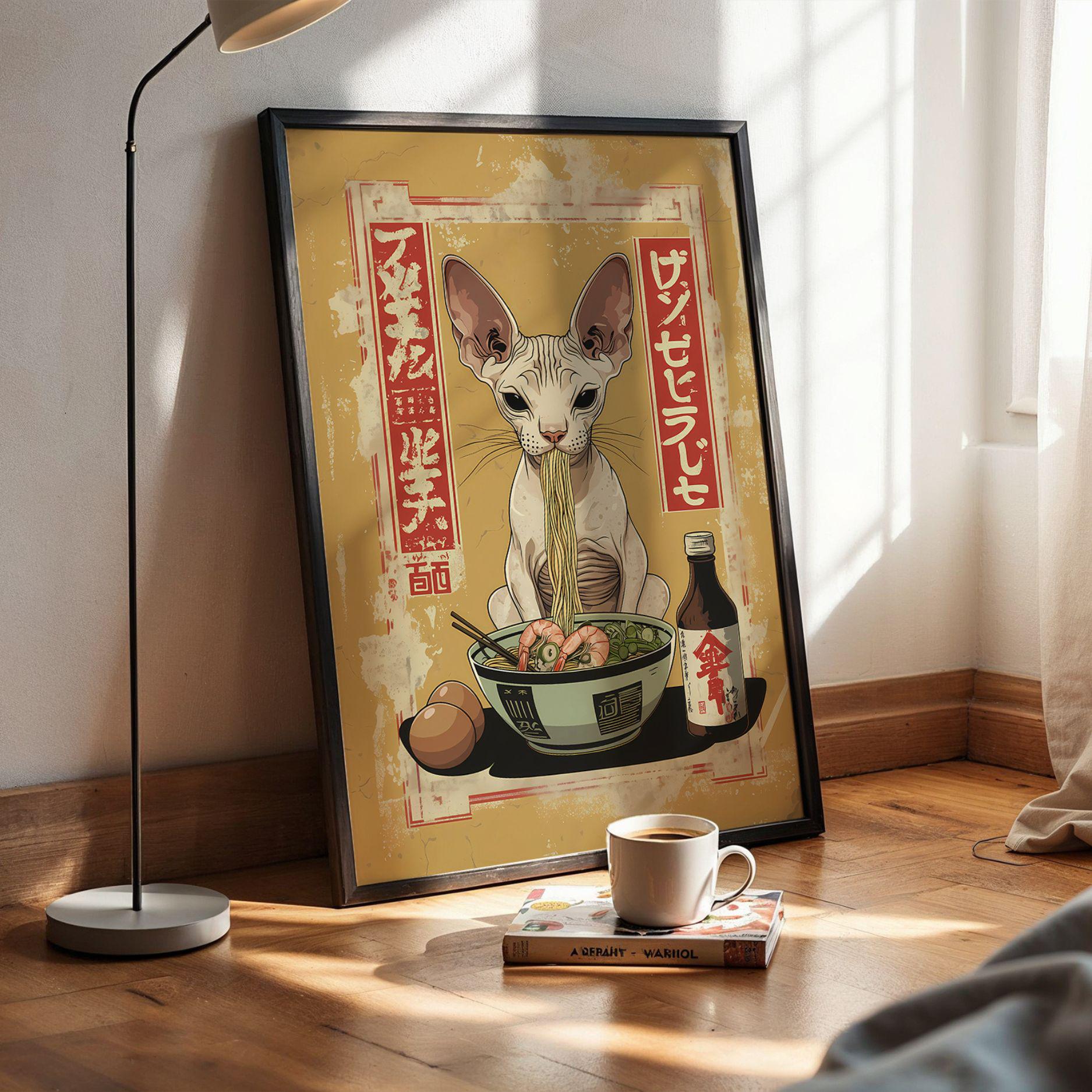 Sphynx Cat Ramen Poster Wall Art Japanese Noodle Art Retro Kitchen Wall ...
