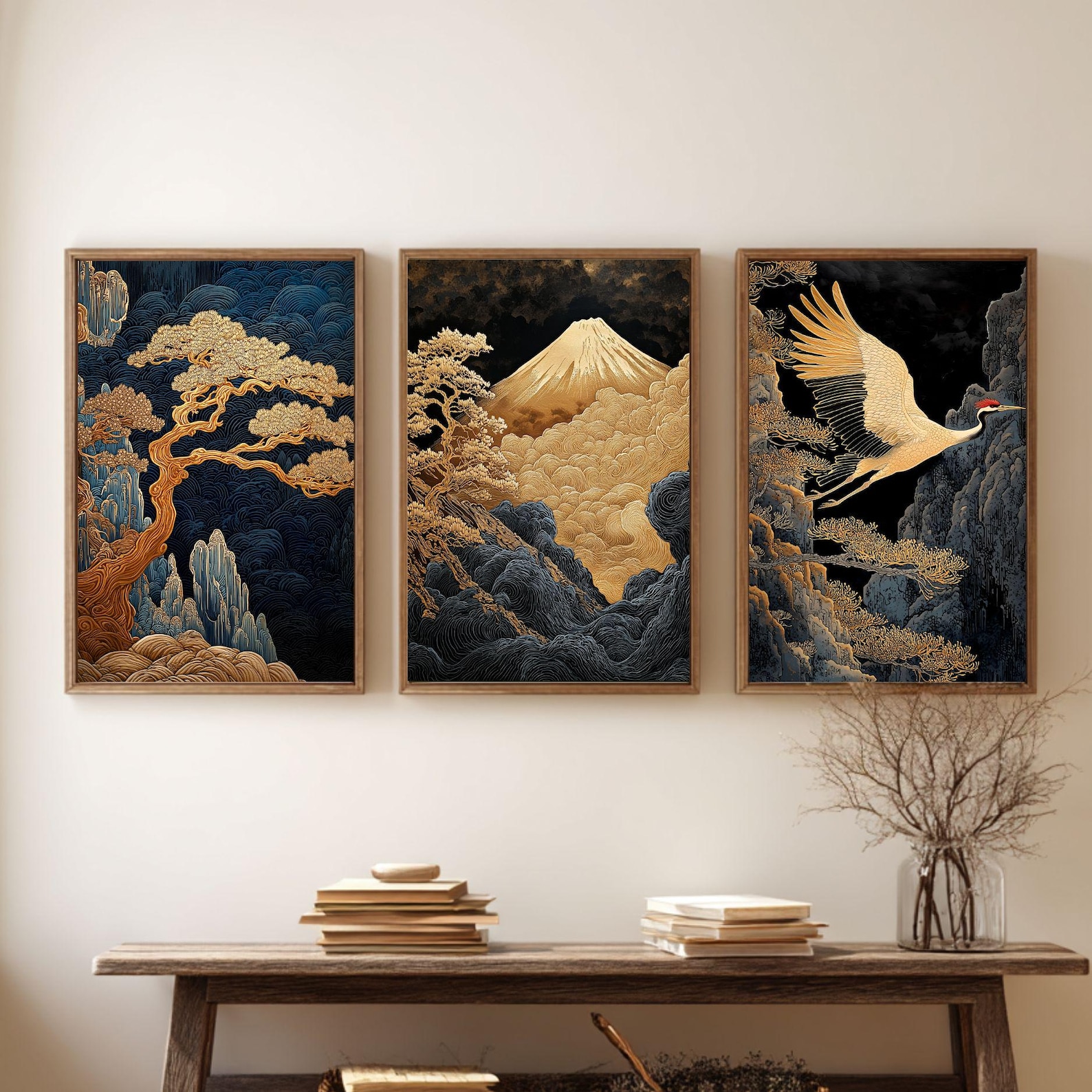 Japanese Gold Crane Wall Art Set of 3 Japandi Poster Wabi Sabi Mountain ...