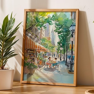 NYC Bookstore Street Print New York Coffee Shop Wall Art Przytulny Vintage Akwarela Krajobraz Miejski Miłośnik Książek Plakat Estetyczny Wystrój Domu