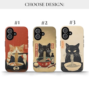 Vintage Ramen Cat Phone Case Japanese Food Art Retro Aesthetic iPhone 16 15 14 Pro Max Samsung S24 Pixel 9 MagSafe Tough Cover