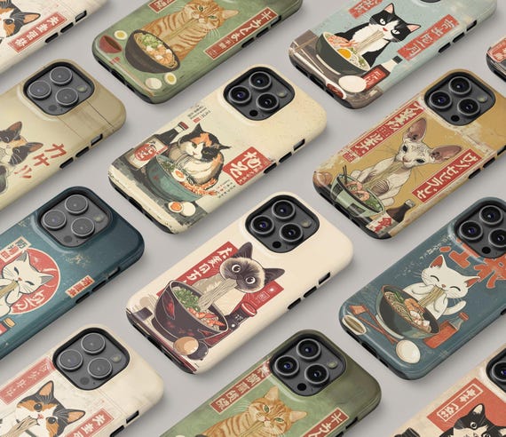 Vintage Ramen Cat Phone Case Japanese Food Art Retro Aesthetic iPhone 17 16 15 14 Pro Max Samsung S25 Pixel 9 MagSafe Tough Phone Cover