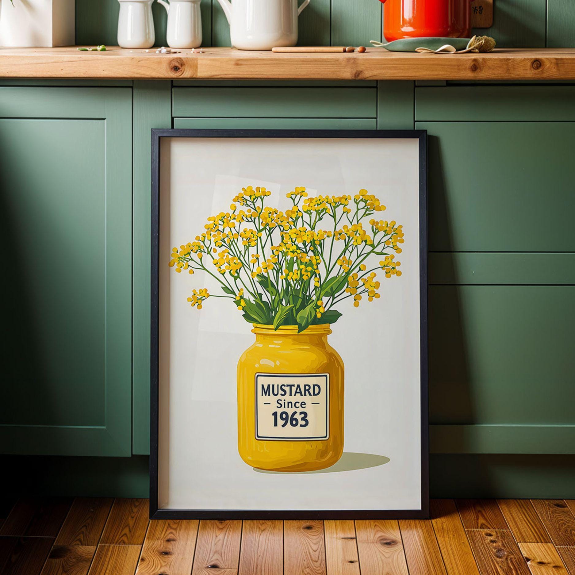 Mustard Poster Yellow Kitchen Wall Art Mustard Jar With Flowers Retro ...