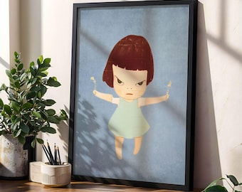 Impresión digital de chica feroz inspirada en Yoshitomo Nara, póster de chica enojada, arte japonés, descarga de arte de pared azul minimalista, archivo imprimible emocional