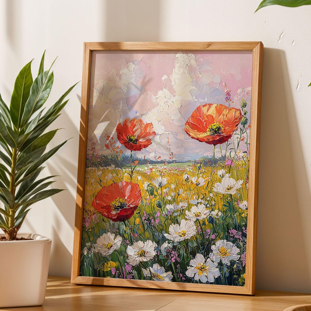 Red Wildflower Field Wall Art Poster Vintage Botanical Spring Print ...