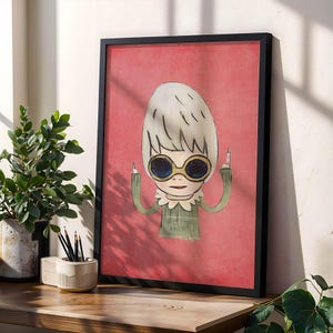 Yoshitimo Nara Cooles blondes Mädchen Digitales Poster Lustige Einstellung Wandkunst Druckbare Download Japanische Pop Art rosa Wandkunst-Dekordatei