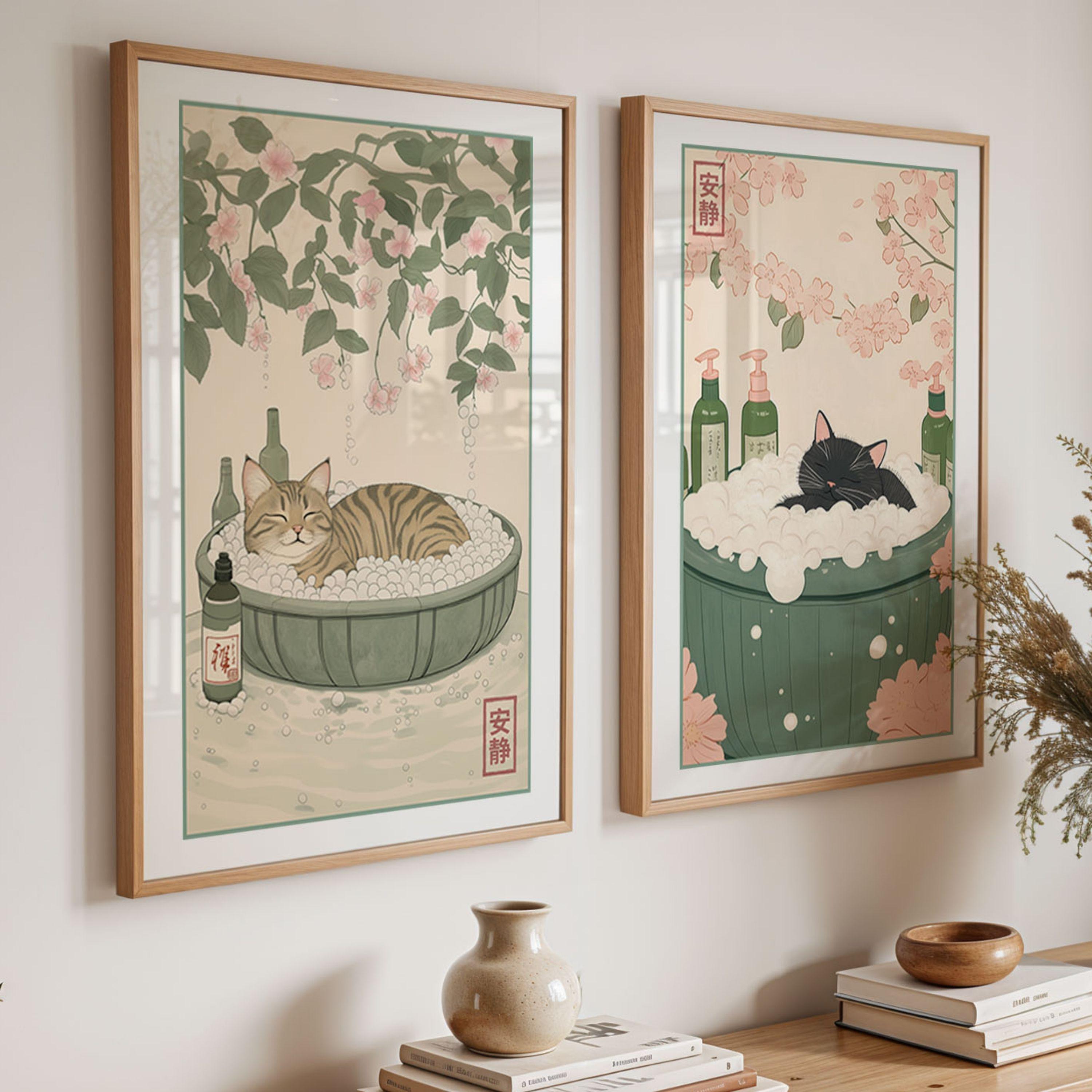 Tabby Cat in Bathtub Print Japanese Bathroom Art Minimalist Neutral ...