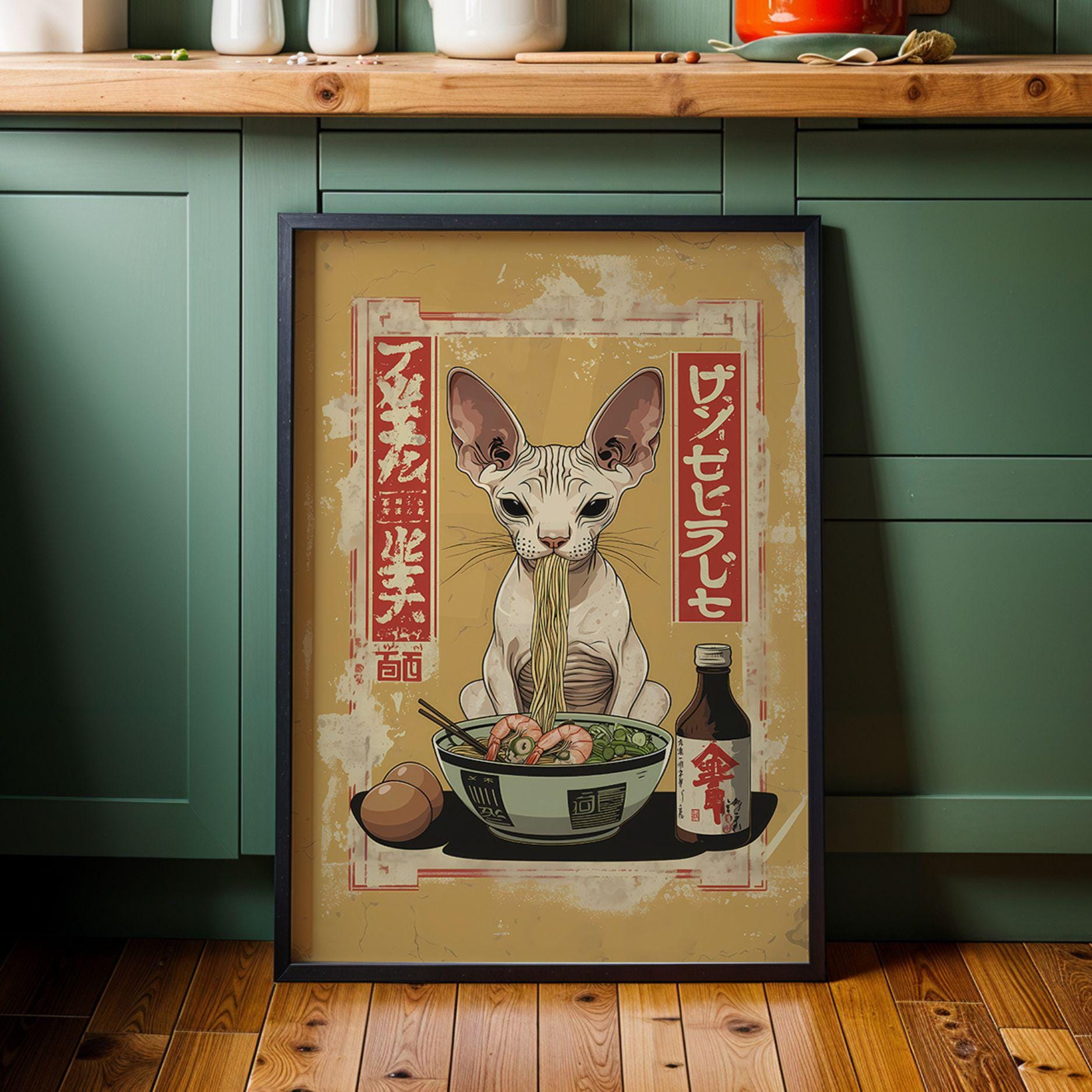 Sphynx Cat Ramen Poster Wall Art Japanese Noodle Art Retro Kitchen Wall ...
