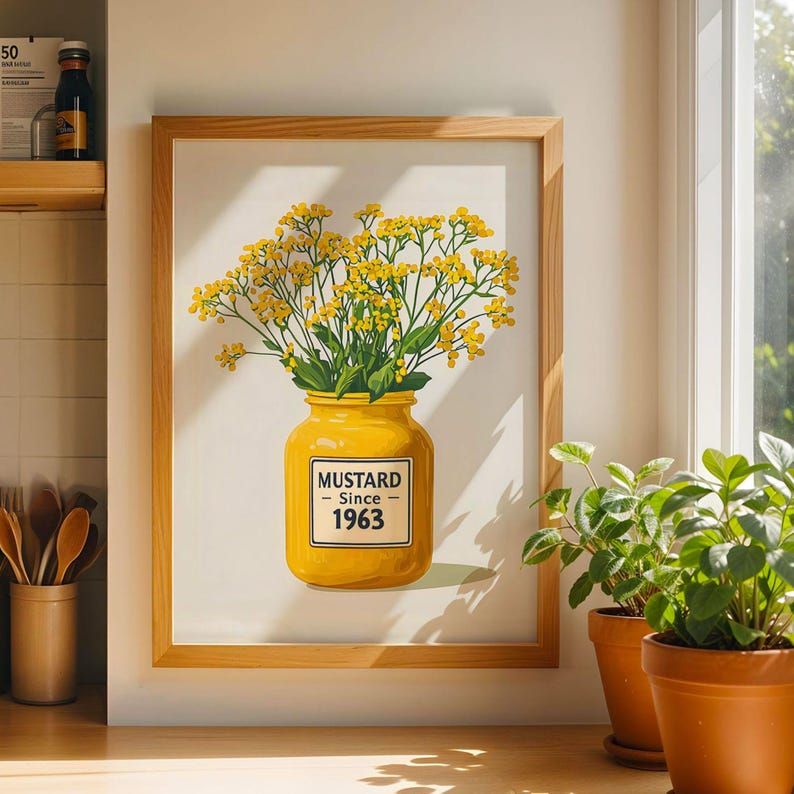 Mustard Poster Yellow Kitchen Wall Art Mustard Jar With Flowers Retro ...