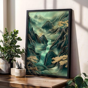Affiche montagne brumeuse rivière, art mural paysage japonais, accents dorés, impression de nature zen pour des intérieurs calmes et élégants