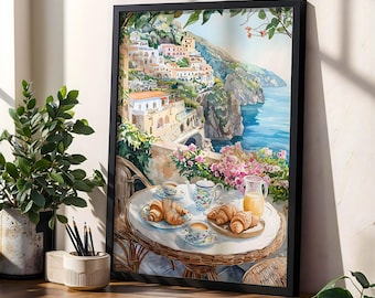 Pode incluir: Pintura em aquarela de uma mesa posta com croissants, café e suco de laranja em um pátio com vista para uma colorida vila italiana e o Mar Mediterrâneo.
