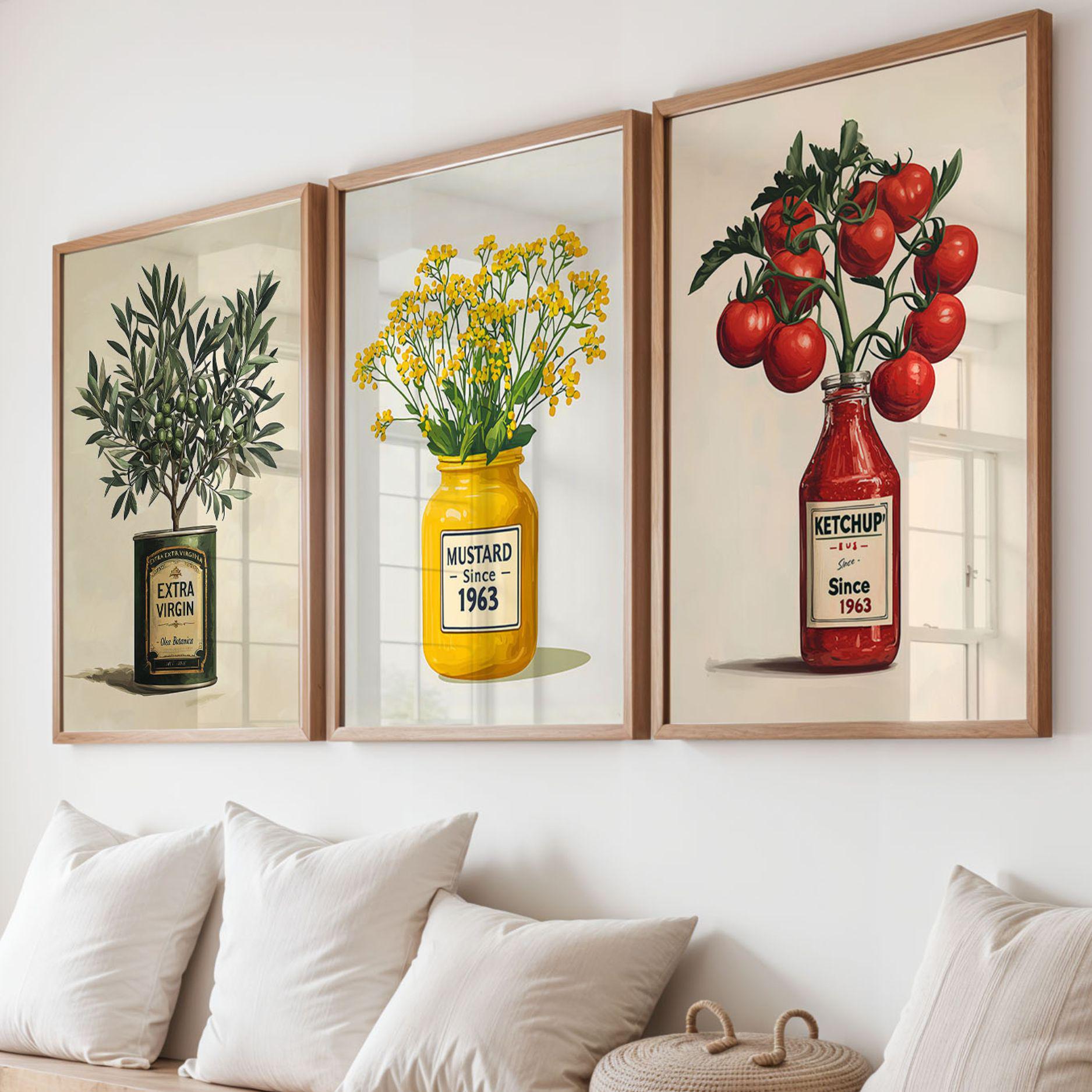 Mustard Poster Yellow Kitchen Wall Art Mustard Jar With Flowers Retro ...