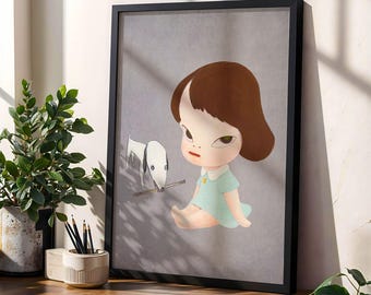 Póster de niña y perro rosa estilo Yoshitomo Nara, descarga digital, arte de inspiración japonesa imprimible, arte de pared de niña linda, archivo de impresión instantánea
