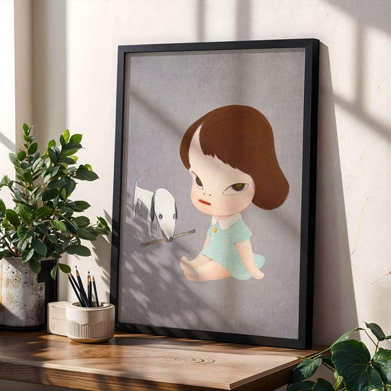 Yoshitomo Nara Style Pink Girl and Dog Poster Digital Download