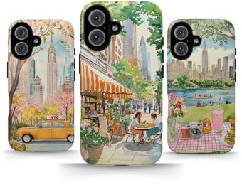 Funda para teléfono con estética neoyorquina, paisaje urbano vintage, para iPhone 17, 16, 15 y 14 Pro Max, MagSafe, para Samsung S24, Pixel 9, Central Park, taxis de Nueva York, librería
