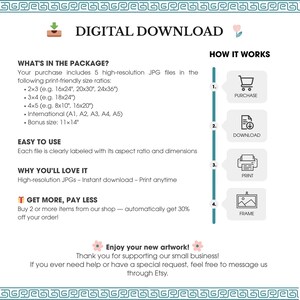 Puede incluir: Un gr&aacute;fico de descarga digital con texto que incluye "DESCARGA DIGITAL" y detalles sobre archivos JPG de alta resoluci&oacute;n, tama&ntilde;os de impresi&oacute;n y c&oacute;mo funciona. La imagen tambi&eacute;n incluye un llamado a la acci&oacute;n para comprar m&aacute;s art&iacute;culos con descuento.
