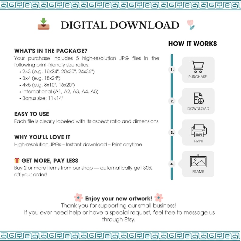 Puede incluir: Un gr&aacute;fico de descarga digital con texto que incluye "DESCARGA DIGITAL" y detalles sobre archivos JPG de alta resoluci&oacute;n, tama&ntilde;os de impresi&oacute;n y c&oacute;mo funciona. La imagen tambi&eacute;n incluye un llamado a la acci&oacute;n para comprar m&aacute;s art&iacute;culos con descuento.