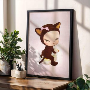 Yoshitello Nara Stil Rosa Catgirl Poster Digitaler Download Druckbare Japanische inspirierte Kunst Süßes Mädchen Wand Kunst Sofortige Druckdatei