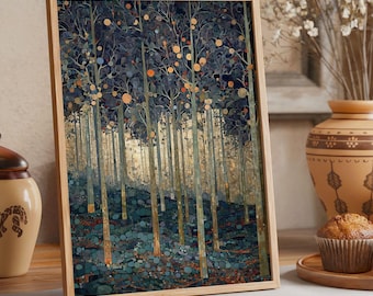 William Morris Forest Wall Art Poster Arts and Crafts Print Deep Blue Nature Poster Vintage Woodland Decor Golden Tree Art Poster Print Gift