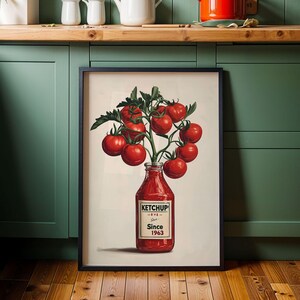 Ketchup Tomato Poster Retro Kitchen Wall Art Vintage Ketchup Bottle with Tomatoes Red Kitchen Decor Funny Tomato Painting Wall Art Poster