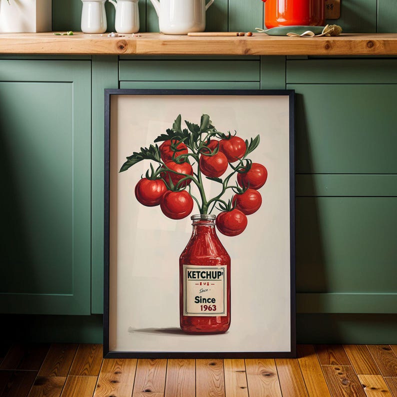Ketchup Tomato Poster Retro Kitchen Wall Art Vintage Ketchup Bottle with Tomatoes Red Kitchen Decor Funny Tomato Painting Wall Art Poster
