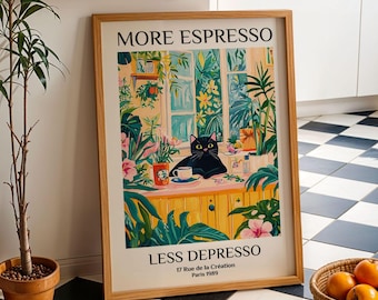 More Espresso Less Depresso Black Cat Coffee Wall Art Poster Funny Kitchen Poster Cat Espresso Print Café Decor Cat Lover Wall Art Gift