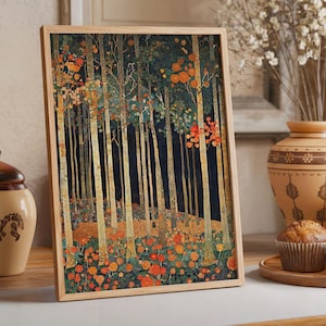 May include: A framed art print featuring a stylized forest scene. The artwork depicts tall, slender trees with gold and beige trunks against a dark background. Orange and red flowers and foliage are scattered throughout the scene, creating a vibrant contrast.