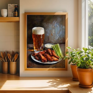 ビールプリント チキンウィングアート 面白いキッチンポスター バーカート装飾 グルメウォールアート 油絵スタイル 男の隠れ家やギフトに