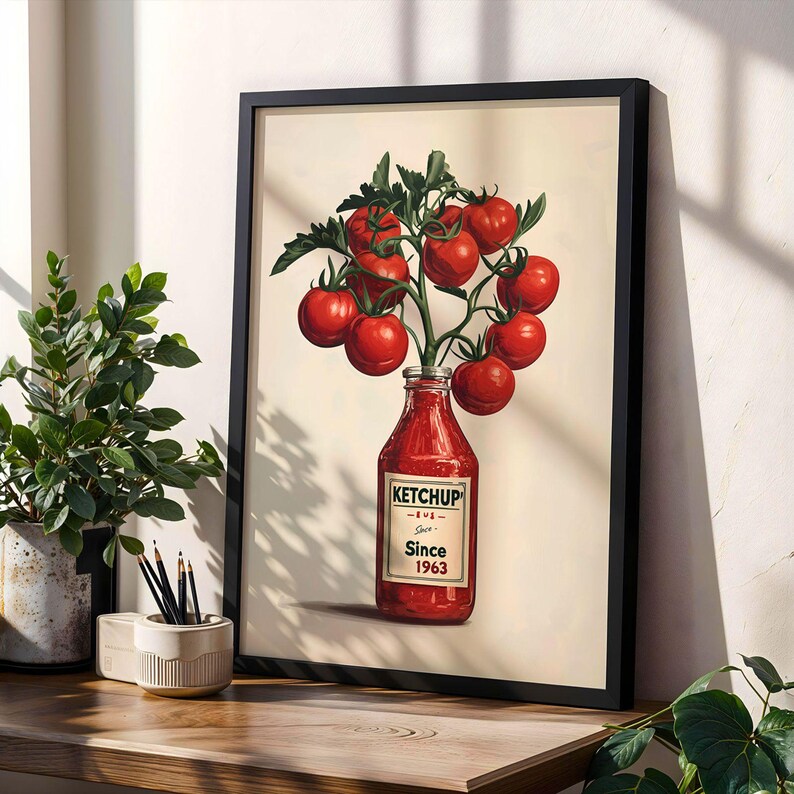Ketchup Tomato Poster Retro Kitchen Wall Art Vintage Ketchup Bottle with Tomatoes Red Kitchen Decor Funny Tomato Painting Wall Art Poster