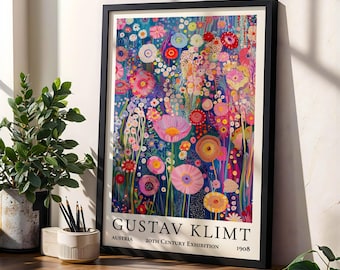 グスタフ・クリムト 赤い花のポスター 温かみのあるゴールドの花畑 壁