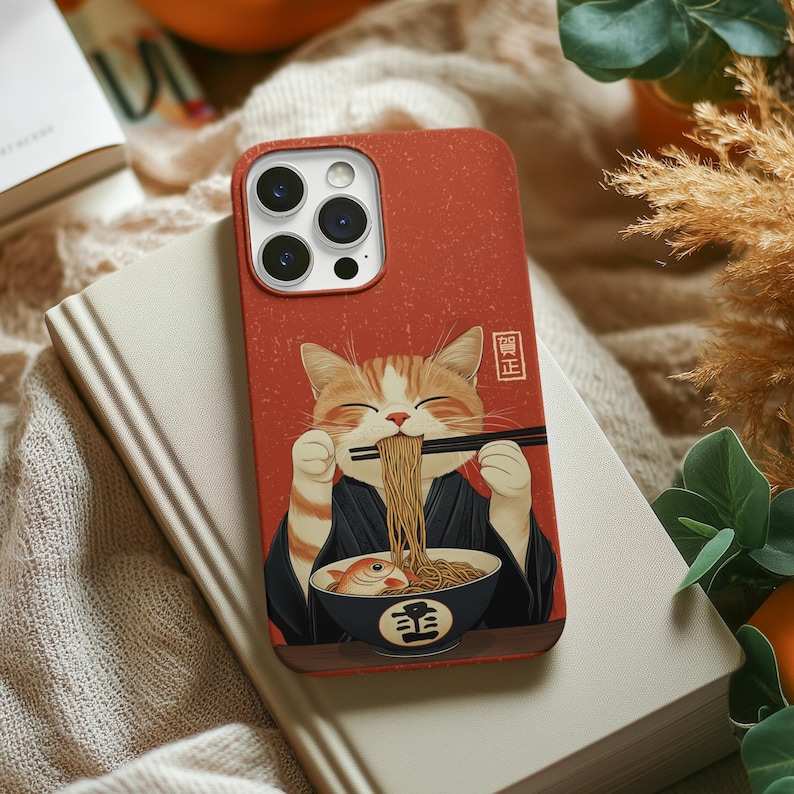 Vintage Ramen Cat Phone Case Japanese Food Art Retro Aesthetic iPhone 16 15 14 Pro Max Samsung S24 Pixel 9 MagSafe Tough Cover