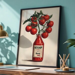 Ketchup Tomato Poster Retro Kitchen Wall Art Vintage Ketchup Bottle with Tomatoes Red Kitchen Decor Funny Tomato Painting Wall Art Poster