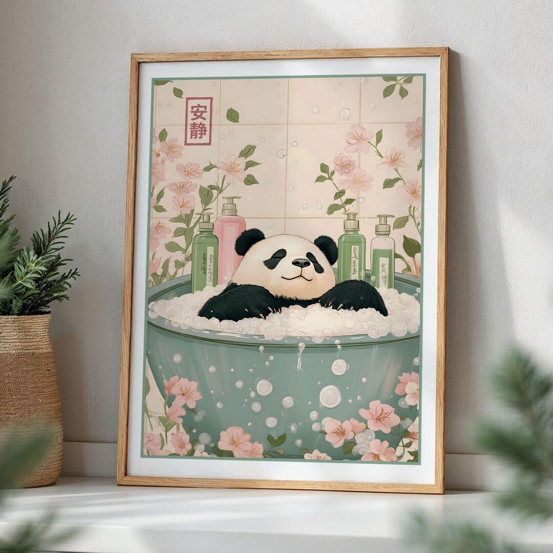 Cute Panda in Bathtub Print Japanese Bathroom Art Minimalist Neutral ...