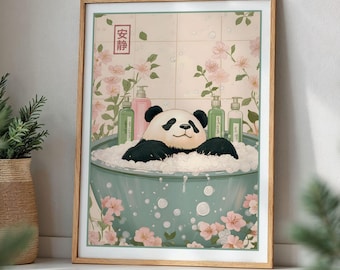 Schattige panda in bad print Japanse badkamer kunst minimalistische neutrale muur decor esthetische poster voor woonkamer slaapkamer cadeau