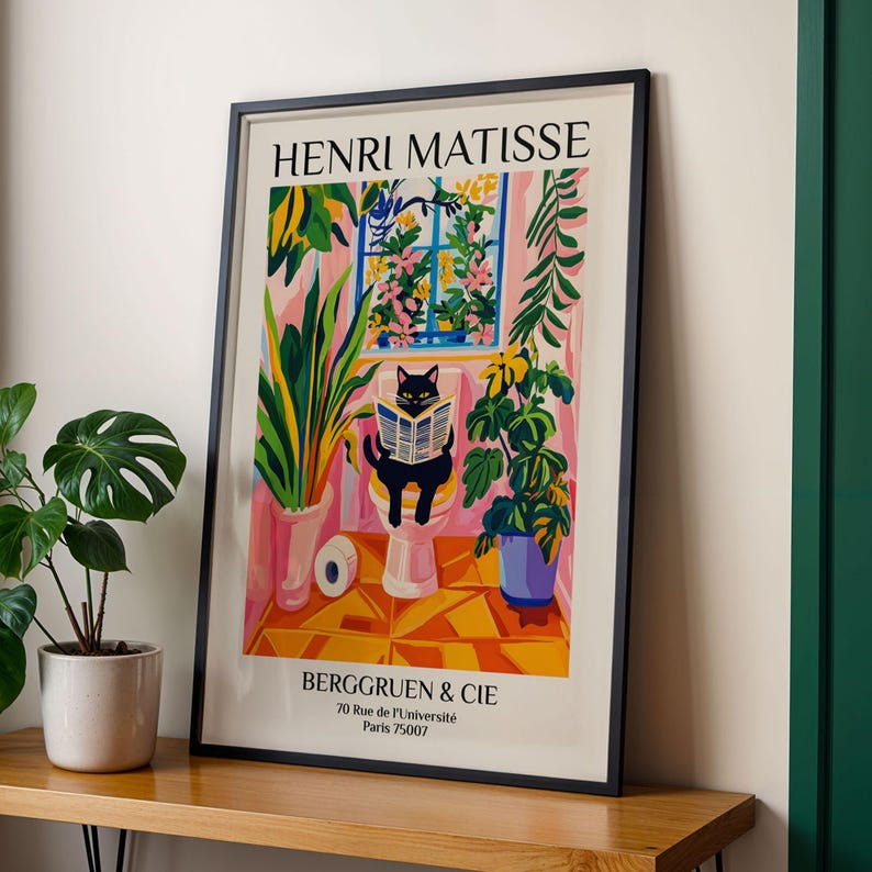 Black Cat on Toilet Print Funny Bathroom Wall Art Matisse Inspired Pink ...