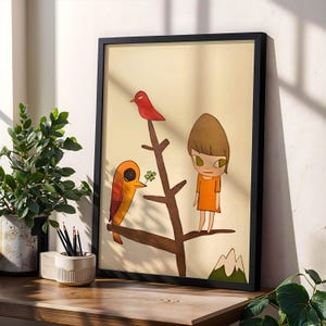Yoshitomo Nara Inspired Girl with Bird Poster Moody Japanese Art Print for Wall Modern Minimal Anime Illustration Decor Wall Art Gift