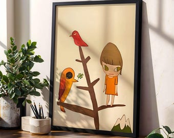 May include: A framed illustration of a girl with brown hair standing on a branch with two birds. The girl is wearing an orange dress and has large eyes. The birds are red and orange. The background is a light beige color.