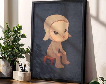 Póster de cordero melancólico estilo Yoshitomo Nara, descarga digital, arte de pared imprimible, arte de niño melancólico sentado, decoración de habitación de inspiración japonesa, archivo digital